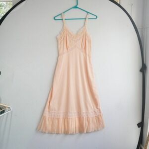 Vintage Charmod Peach Lace Trim Slip Dress Midi Sheer Ruffle Hem Women Size 34 M